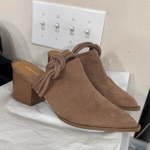 Qupid Tan Suede Mules with Knotted Detail